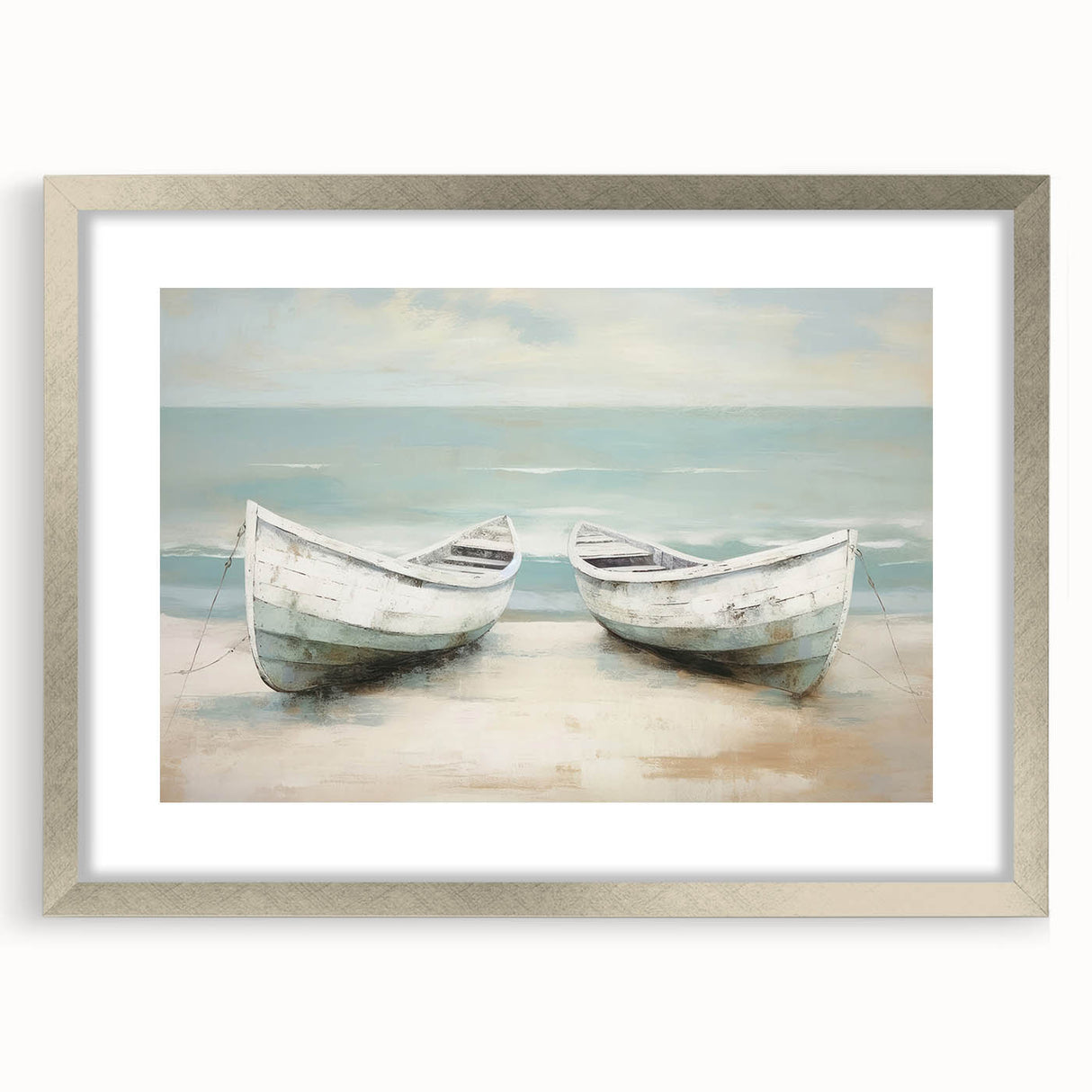 Abstract art print depicting a rowboat in muted blue and gray tones on a framed silver canvas, ideal for dining room decor.