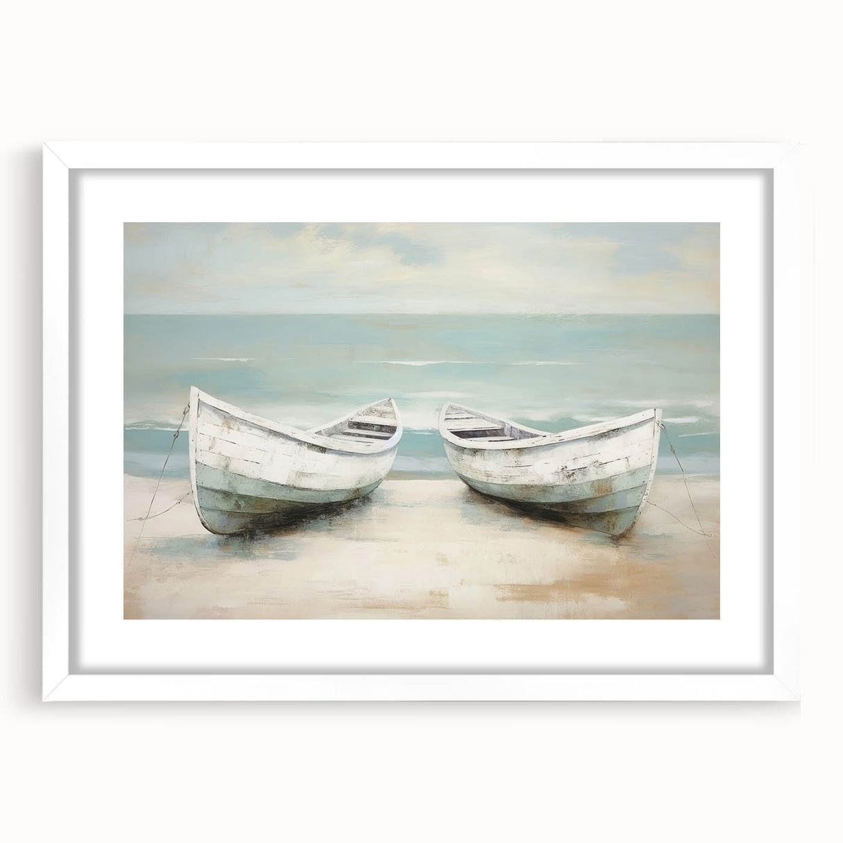 Extra large abstract art print featuring a textured depiction of a rowboat, in muted earth tones on a white framed canvas.