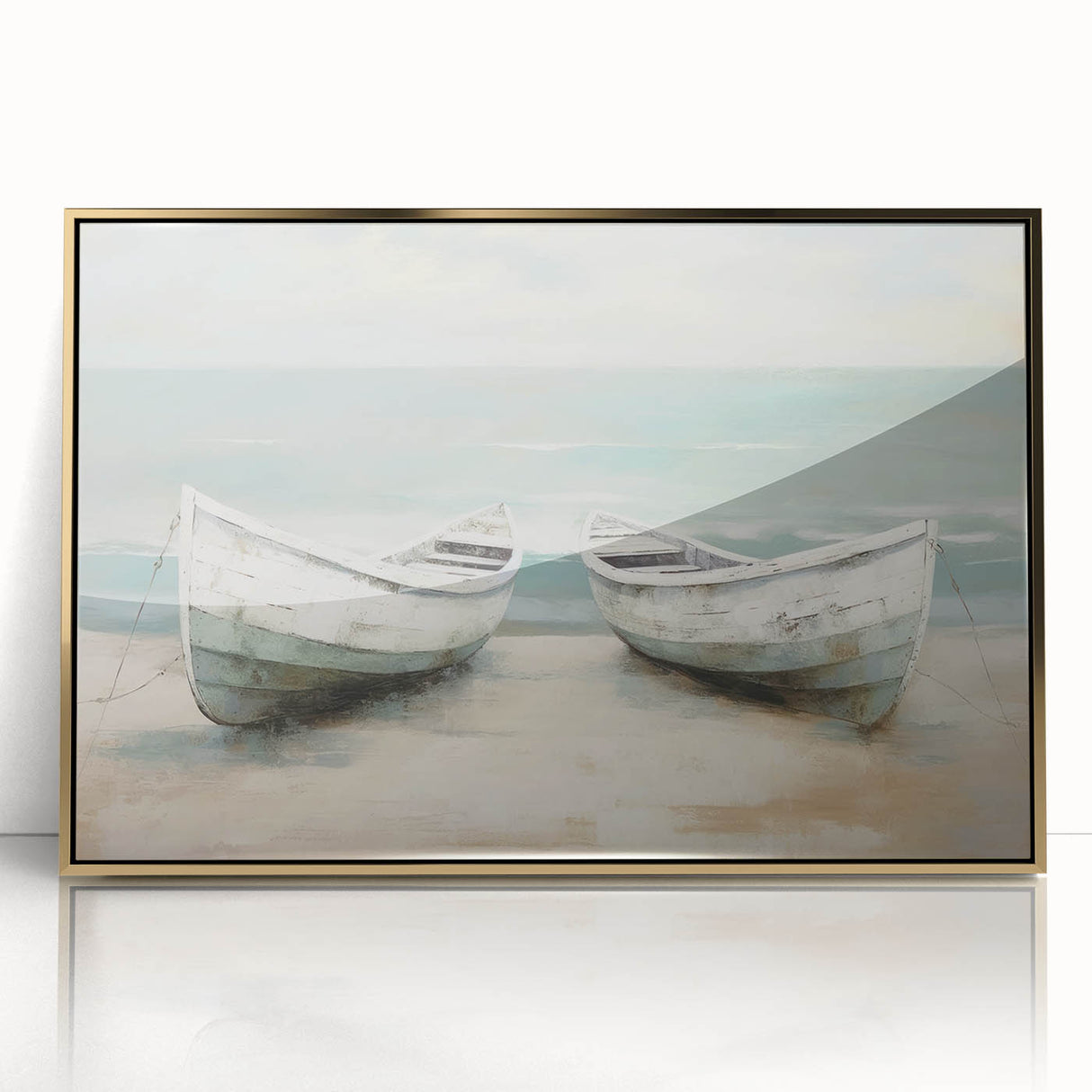 Acrylic print of a mid-century modernist rowboat, using muted gold tones, ideal for nursery wall art.