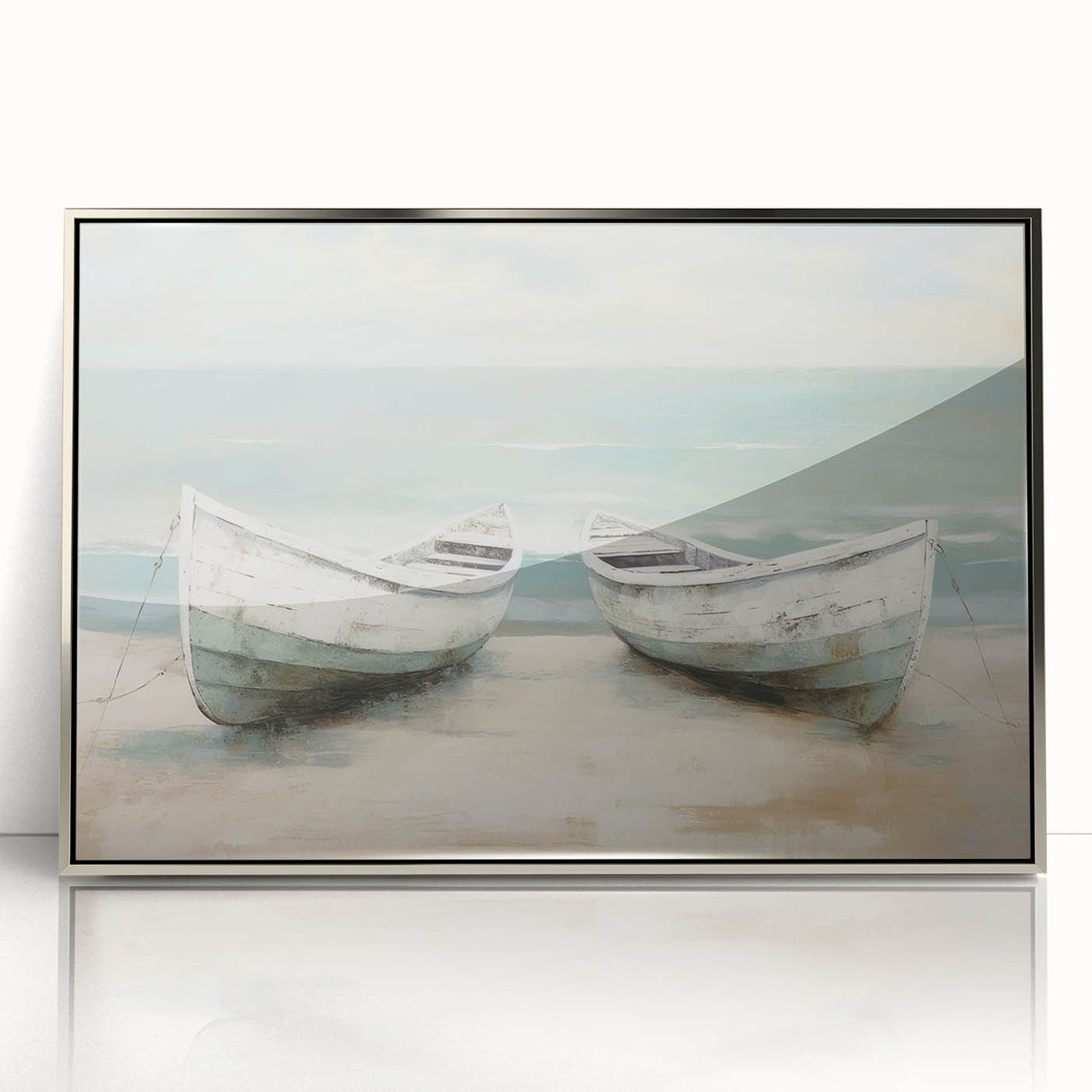 Framed acrylic print of a rowboat on calm waters in art deco style, with muted blue and silver tones.