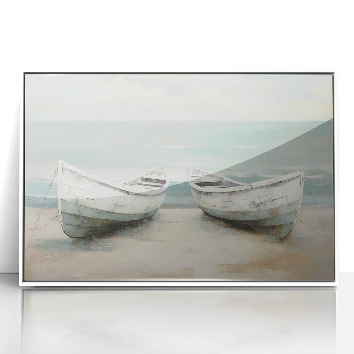 Mid-century modernist style large art print of a rowboat on acrylic, with muted earth tones, ideal for nursery wall art.