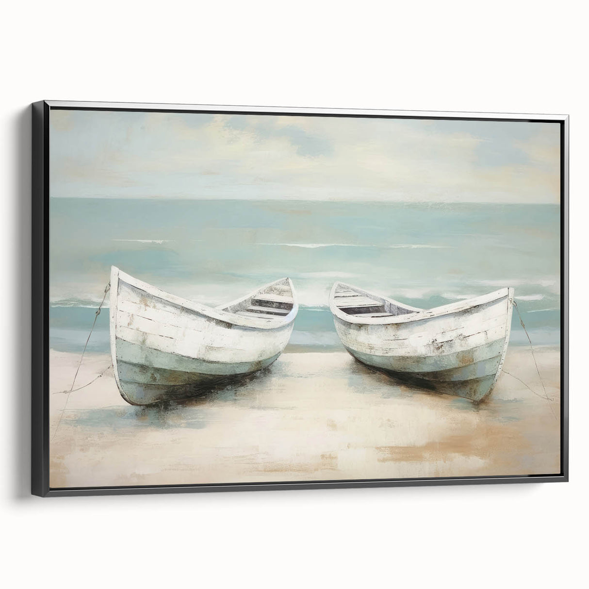 Black and white framed canvas featuring a vintage rowboat landscape, ideal for bedroom wall decor.