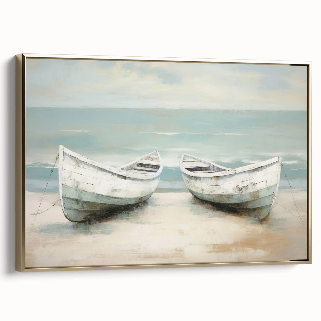 Framed canvas of a vintage rowboat in muted black and colorful hues, ideal for adding a nautical touch to a living room.