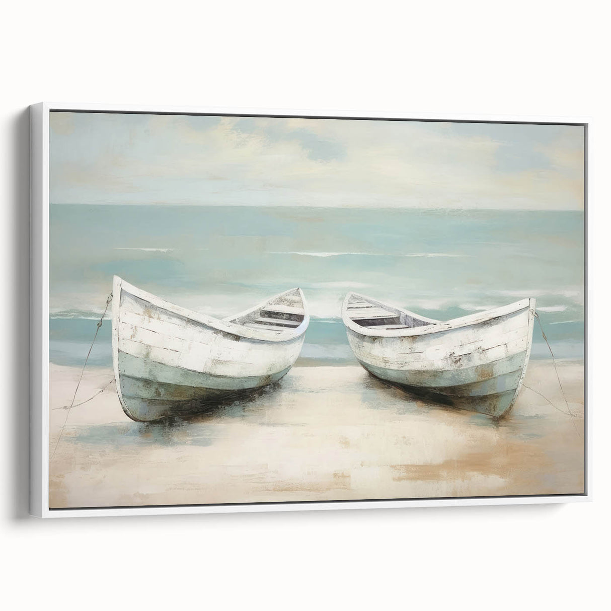 Framed canvas of a vintage-style rowboat on a tranquil lake, in muted black and white tones, ideal for bedroom wall art.