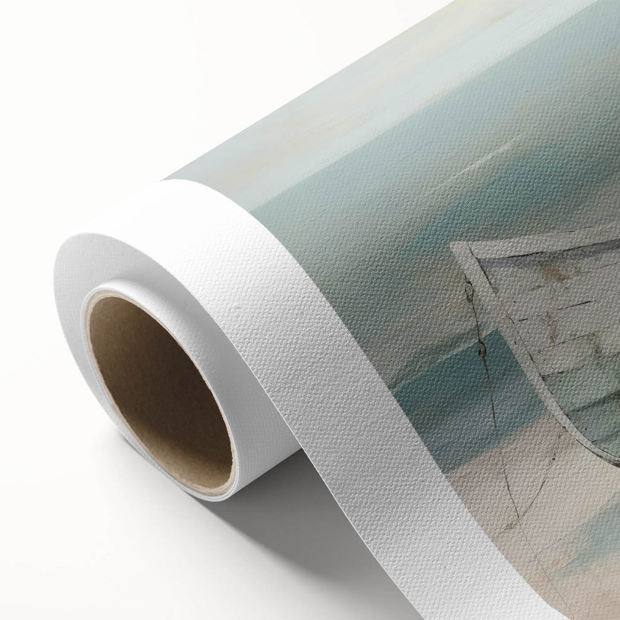 Art deco poster of a rowboat on calm waters, in soft blue and gray tones, on rolled canvas, ideal for nursery wall art.