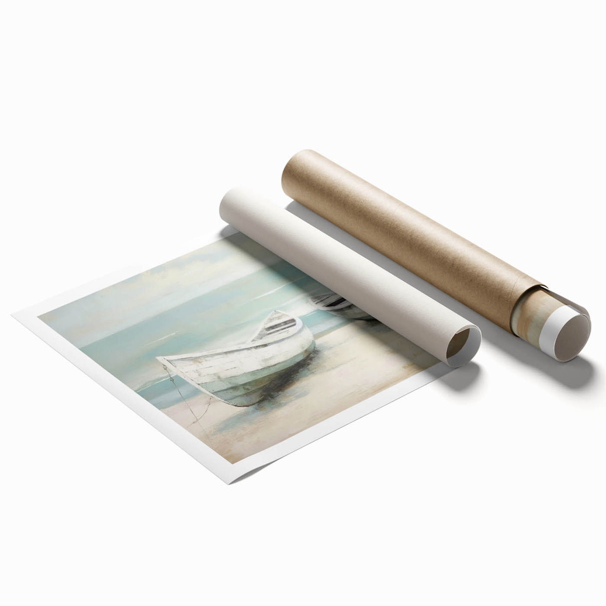 Extra large canvas print of a rowboat on a serene lake, using soft blue and gray tones, ideal for classy bathroom wall art.