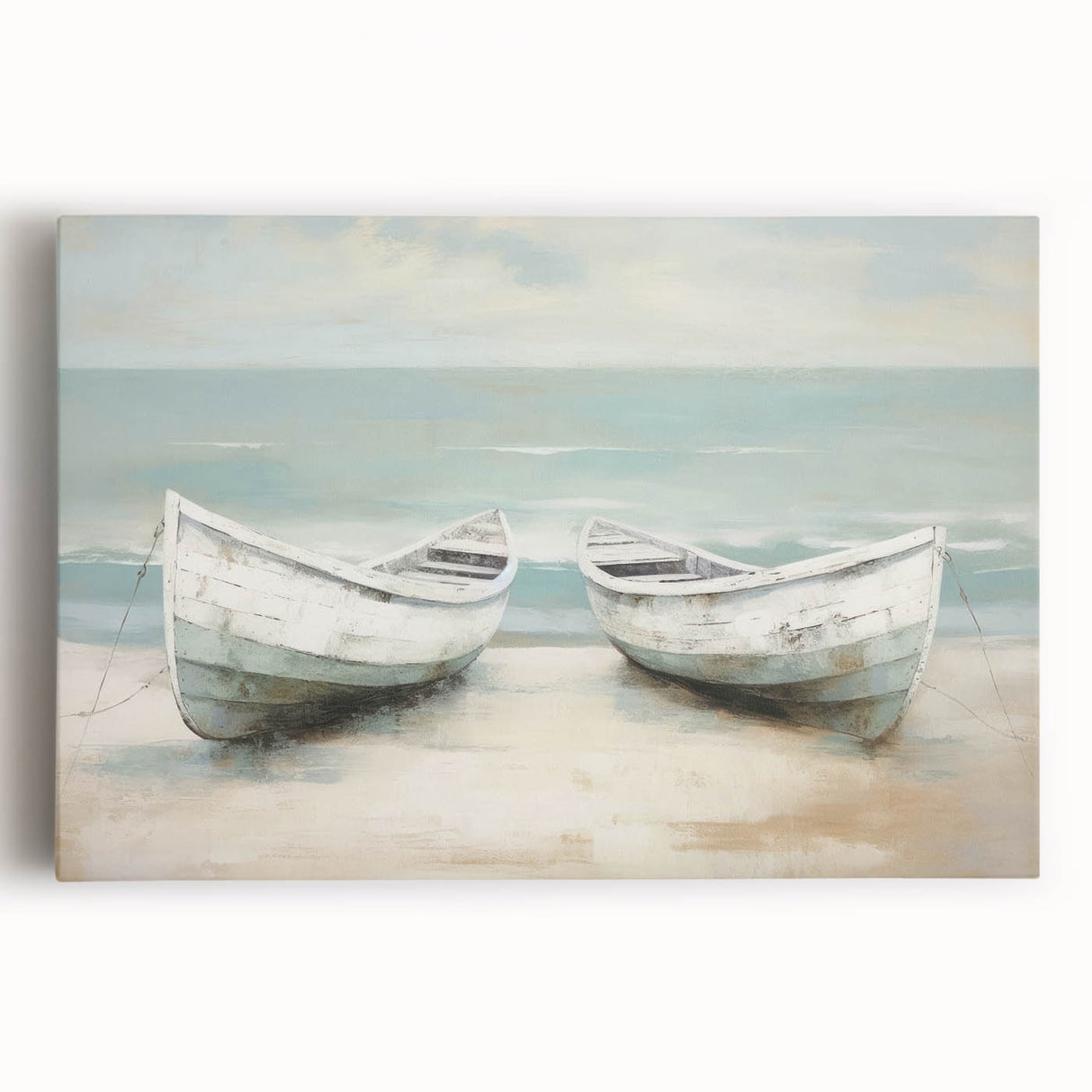 Black and white photograph of a rowboat on calm water, printed on large stretched canvas, ideal for kitchen wall art.