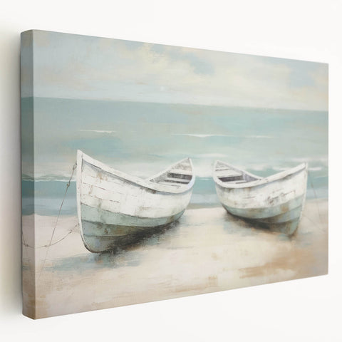 Large art print of a rowboat on water in subdued blue and gray tones on stretched canvas, ideal for kitchen wall art.