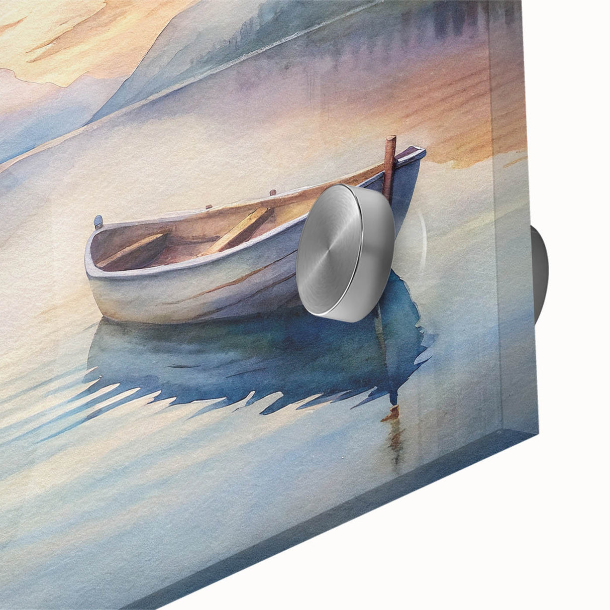 Mid-century modernist art print of a rowboat in muted blues and grays on acrylic glass, ideal for dining room art.