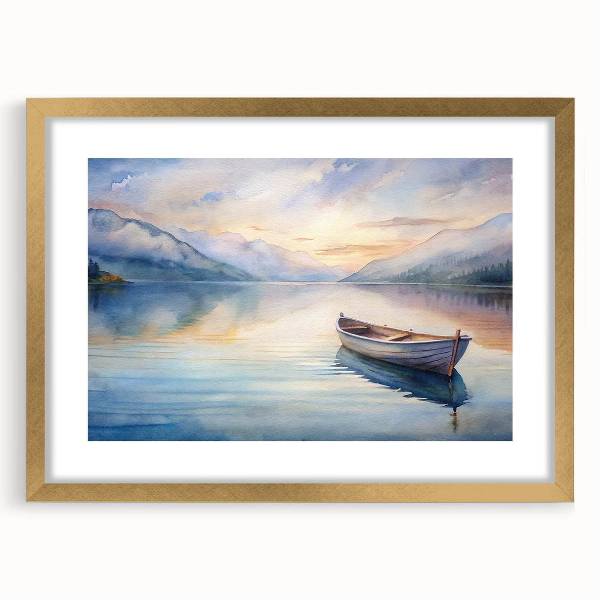 Textured art print of an abstract rowboat in muted earth tones, framed in gold, ideal for bedroom wall decor.