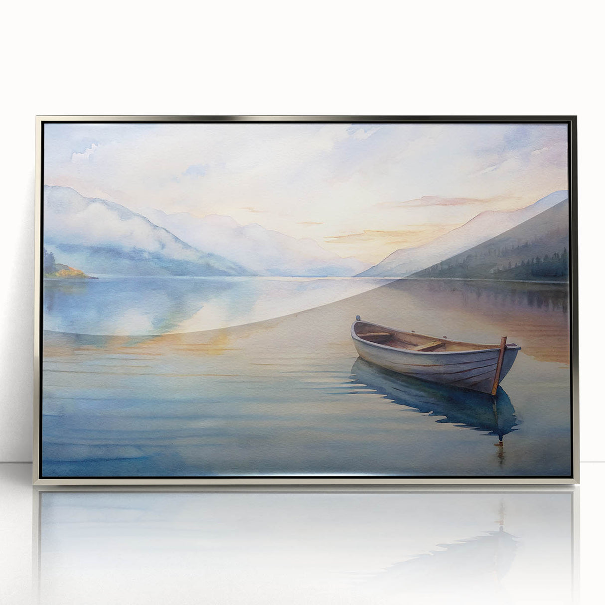 Framed acrylic print of a rowboat illustration in muted blue and silver tones, suited for modern nursery wall decor.