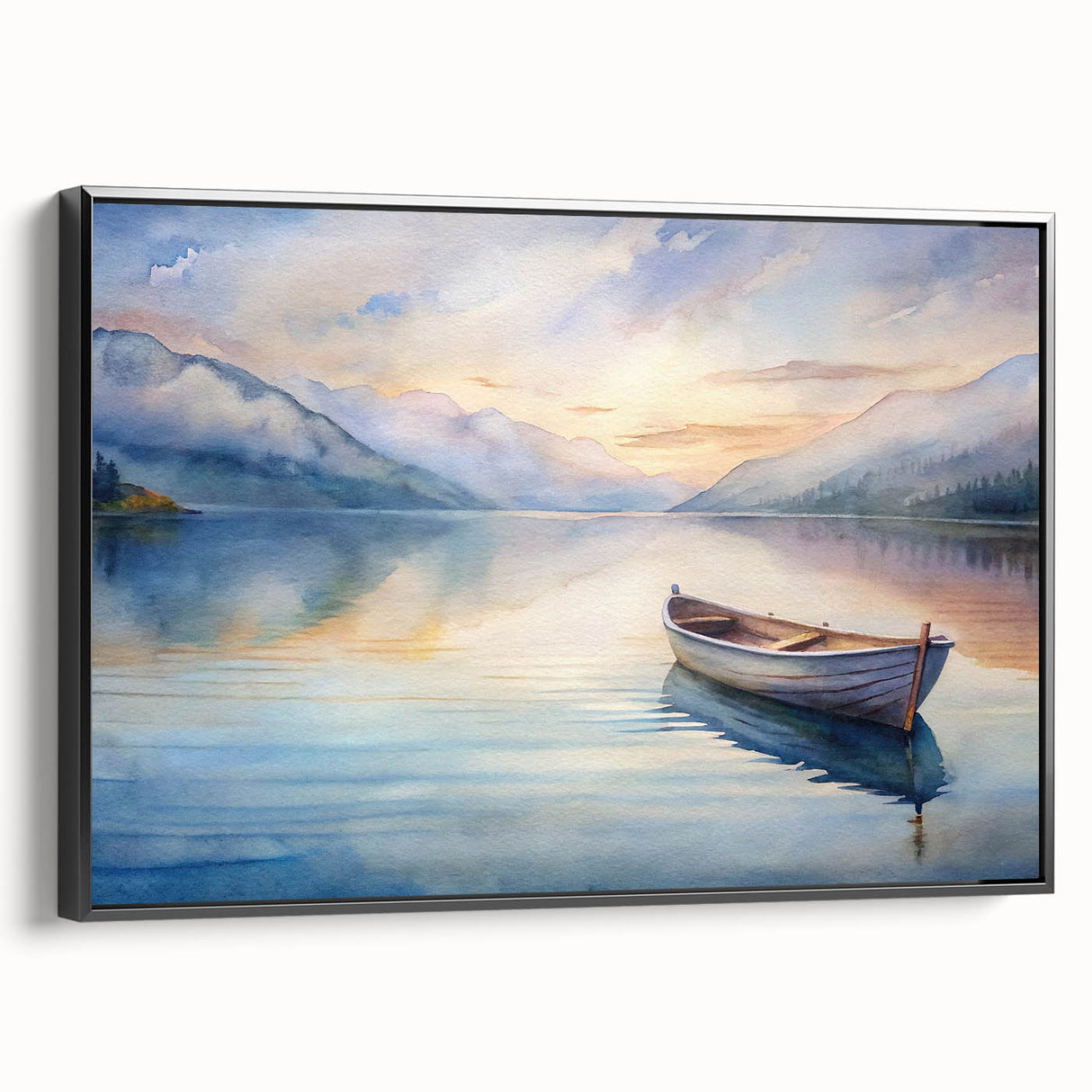 Black and white framed canvas of a vintage rowboat, ideal for bedroom wall art with a serene landscape theme.