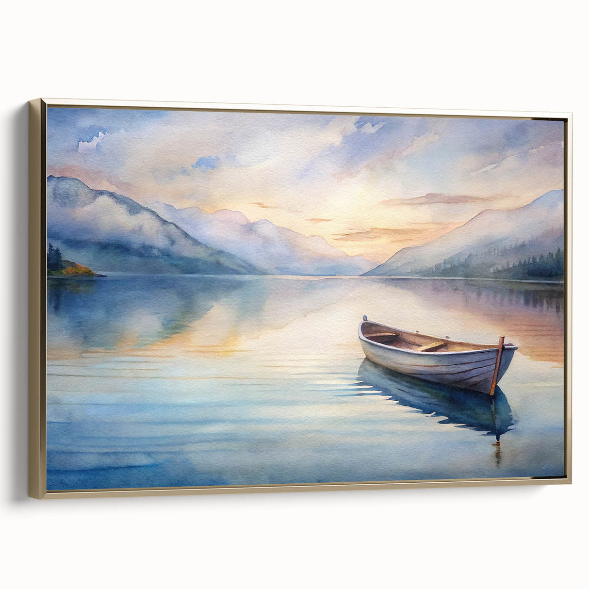 Framed canvas featuring a vintage poster art style landscape with a rowboat, utilizing a black and colorful art palette.