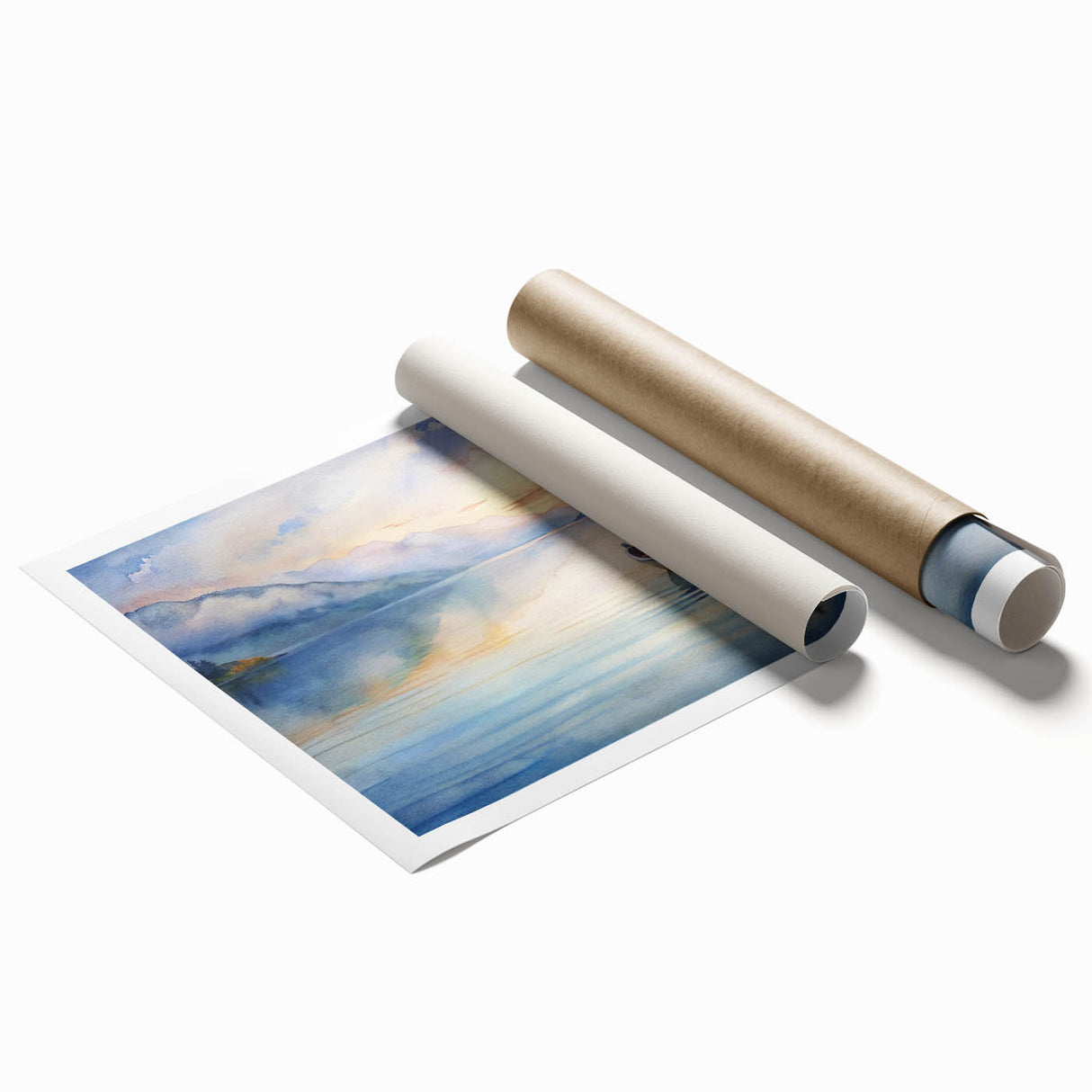 Extra large rolled print of a rowboat on calm waters, using soft blue and gray tones, suitable for classy bathroom wall art.
