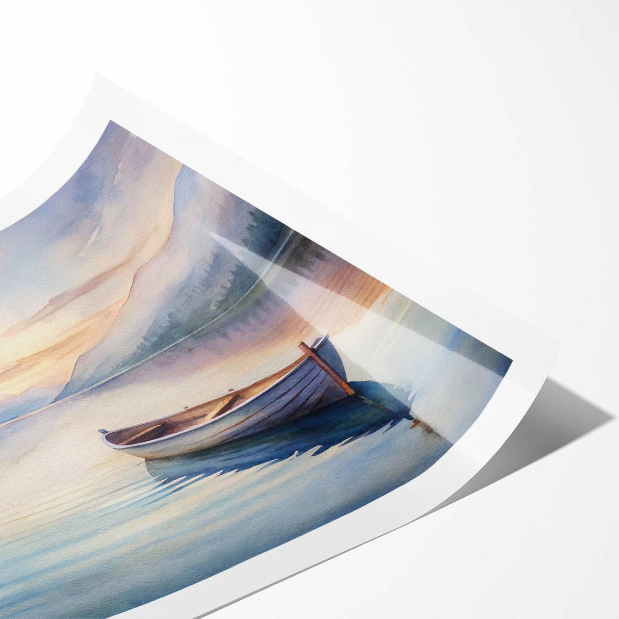 Extra large wall art featuring a rowboat on water, rendered in muted blue and gray tones on rolled canvas.