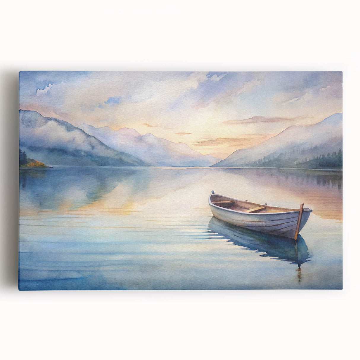 Black and white photo of a rowboat on water, printed on large stretched canvas, ideal for kitchen wall art.