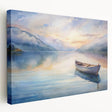 Rowboat on calm water acrylic print in muted blue and gray, ideal for kitchen wall art.
