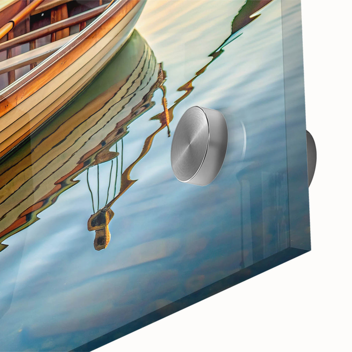 Mid-century modernist large abstract art print of rowboats, in vibrant blues and oranges on acrylic glass.