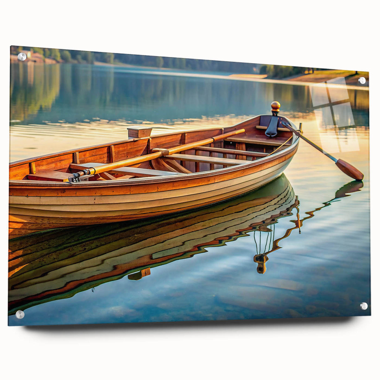 Acrylic print of a rowboat in muted blue and gray tones, ideal for dining room art.