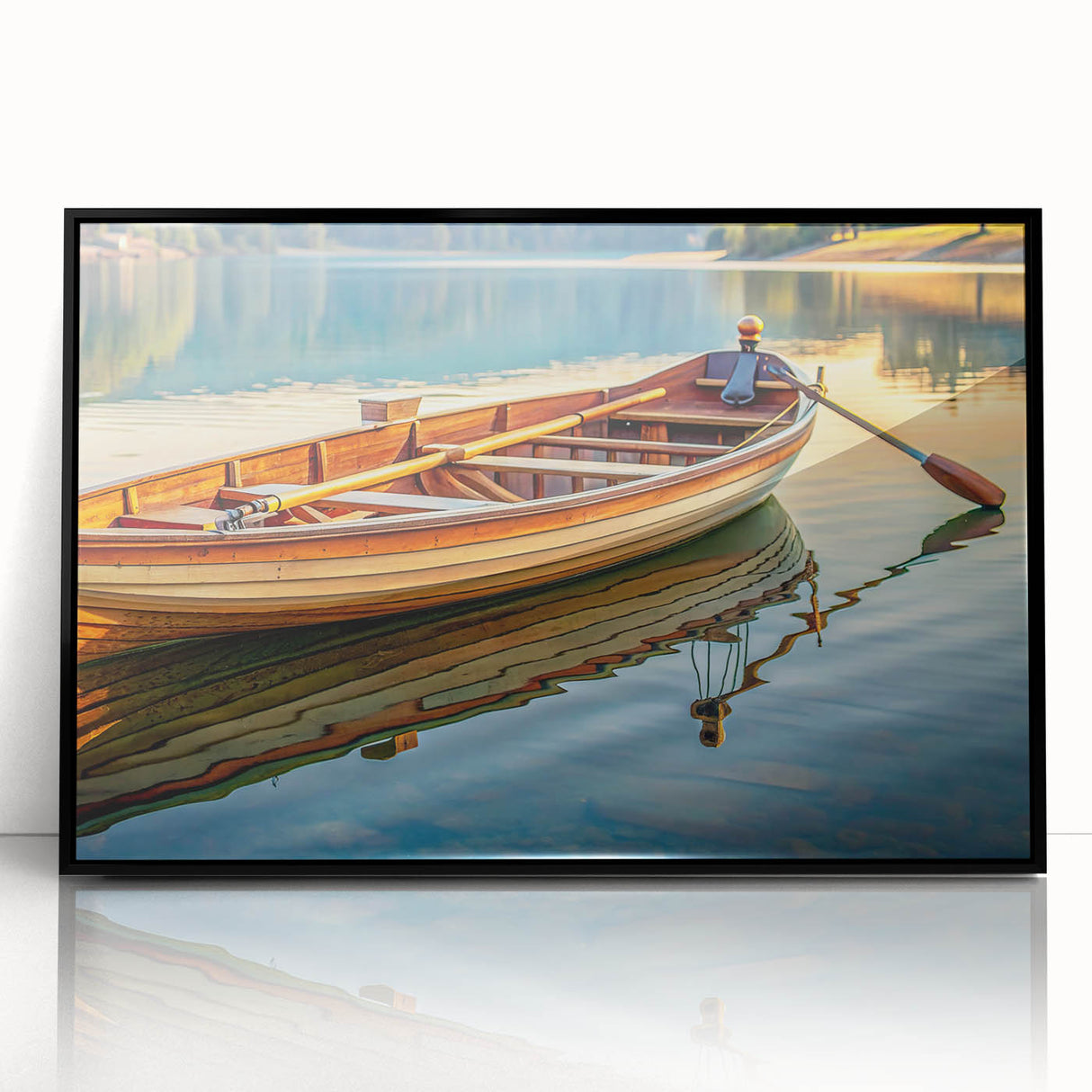 Large abstract wall art of a rowboat in muted blue, framed in black acrylic, ideal for modern living room decor.