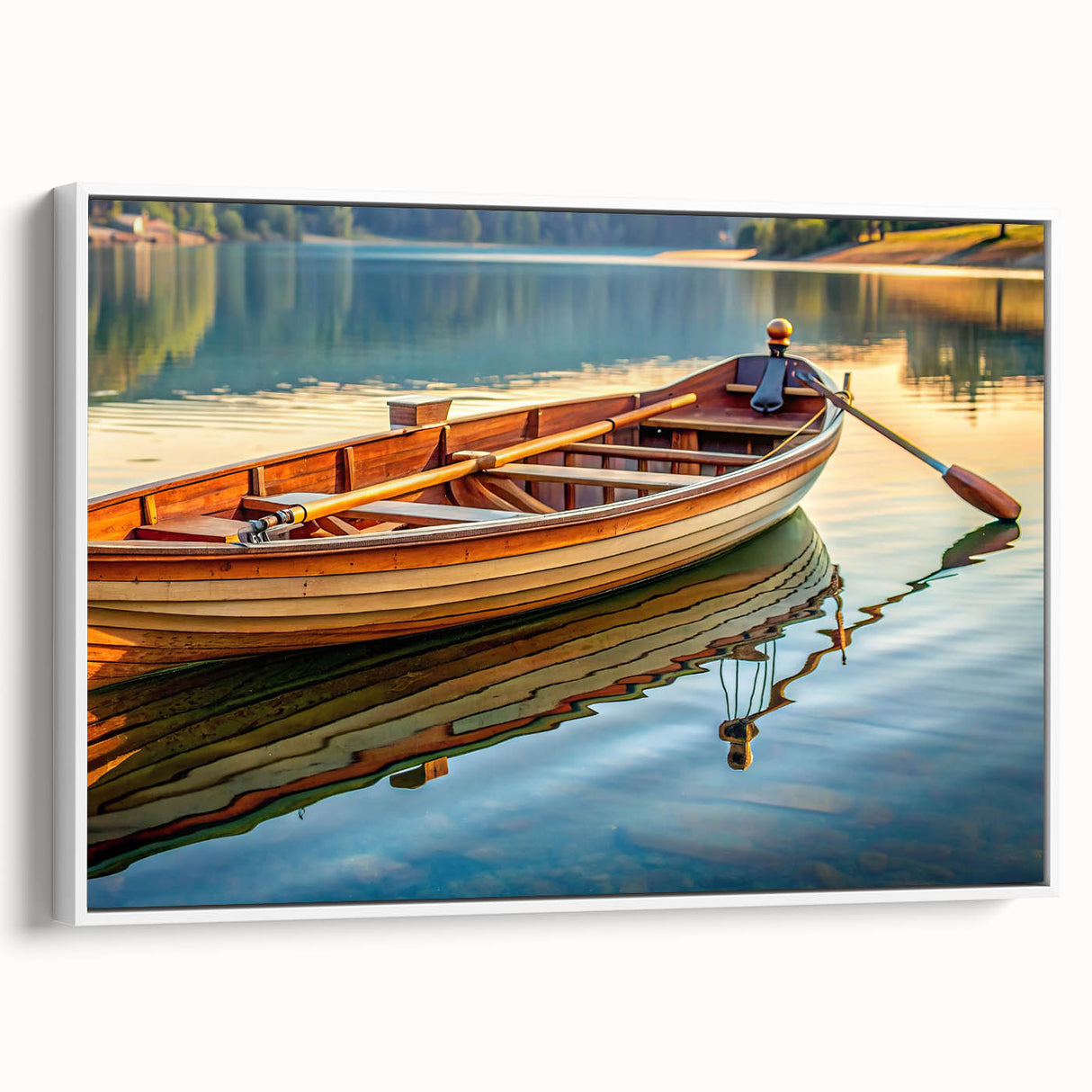 Framed canvas depicting a vintage black and white rowboat in a tranquil setting, ideal for bedroom wall art.