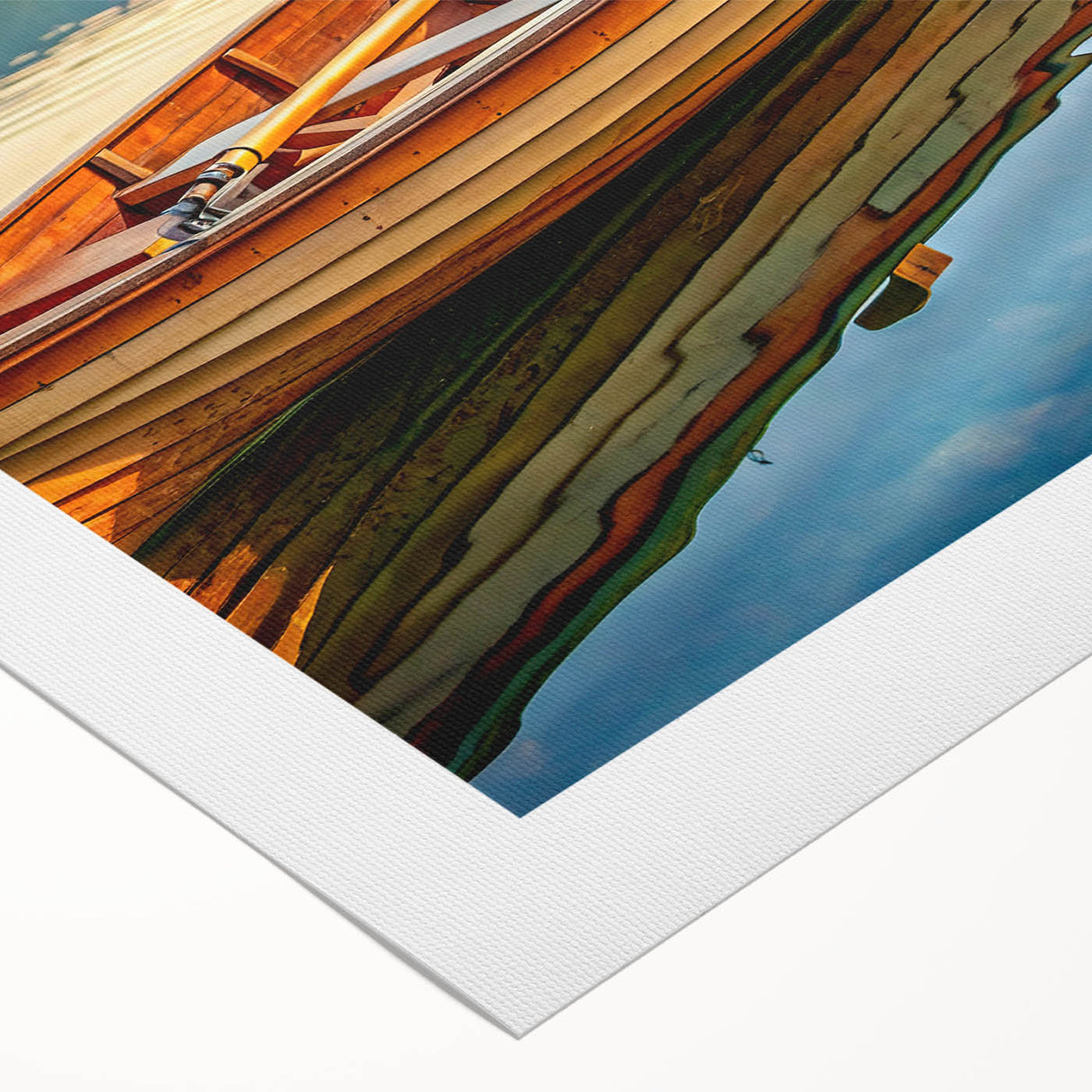 Art deco poster of a rowboat on water, in muted blue tones, rolled canvas, suitable for dining room wall art.