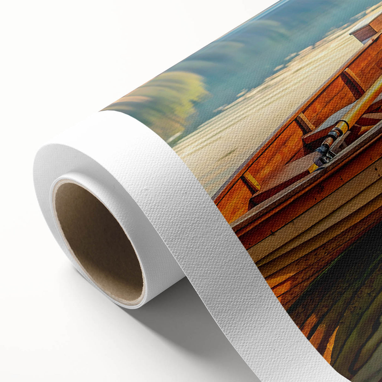 Art deco poster of a rowboat on water in muted blues and greens on rolled canvas, ideal for nursery wall art.