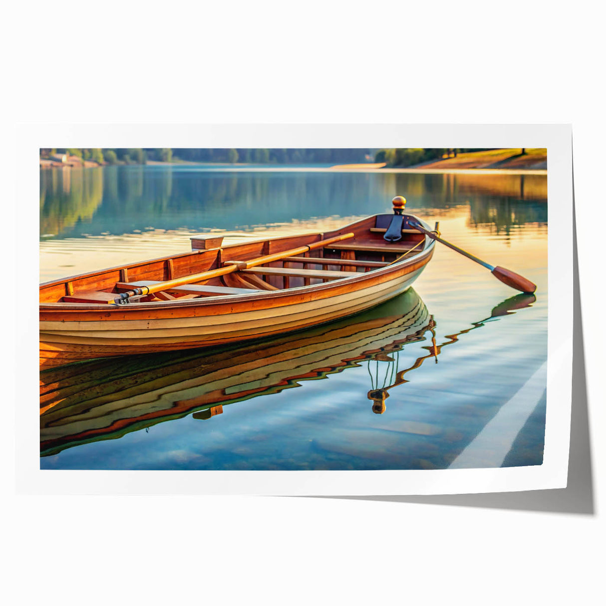 Rolled print of a rowboat on calm water, in soft blue and gray tones, ideal for art wall dining room.