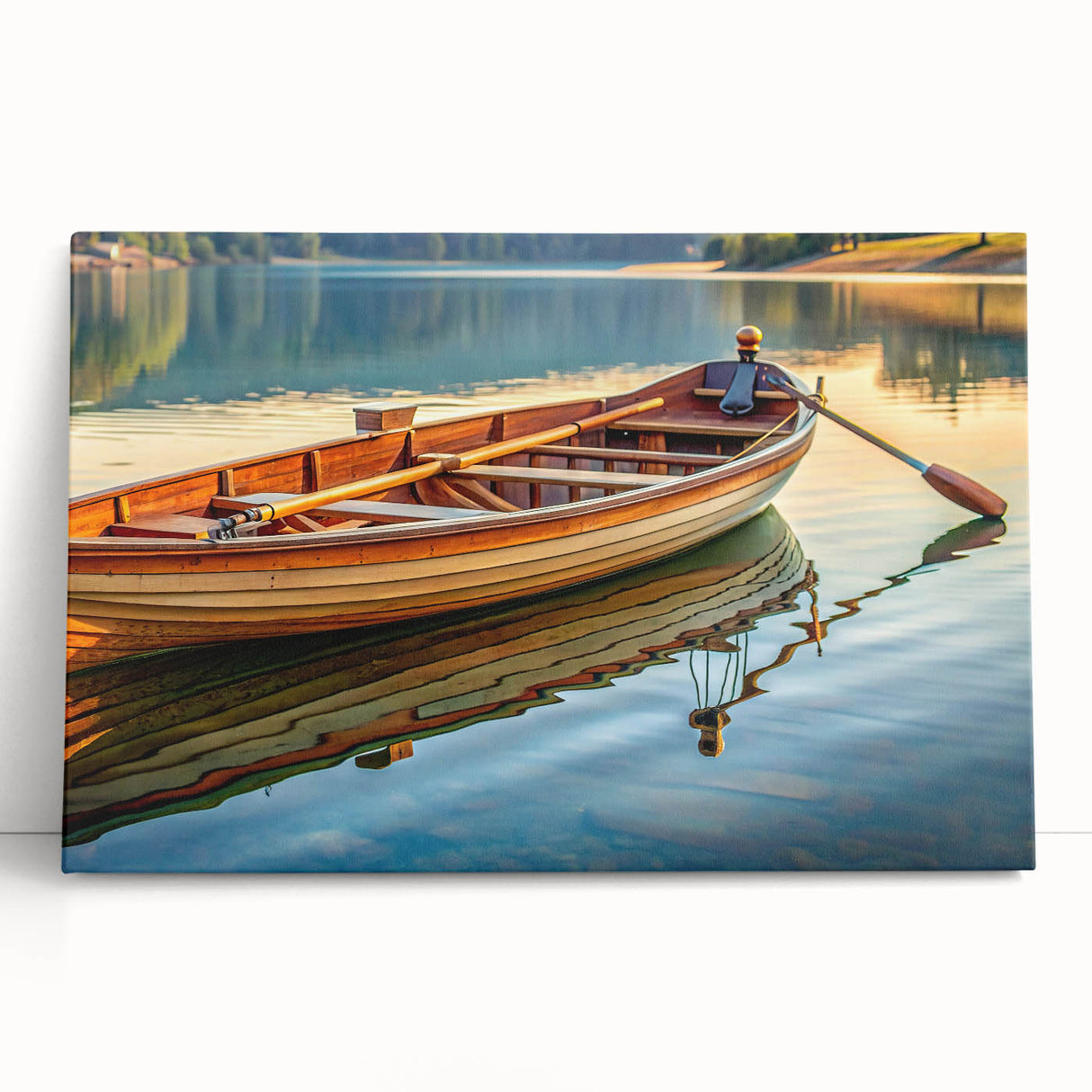 Black and white photo of a rowboat on water, printed on large stretched canvas, ideal for kitchen wall art or bedroom decor.