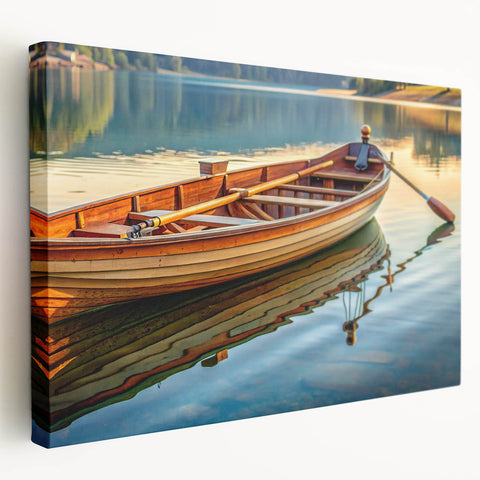 Rowboat on calm water depicted in muted blue and gray tones on a stretched canvas, suitable for kitchen wall art.