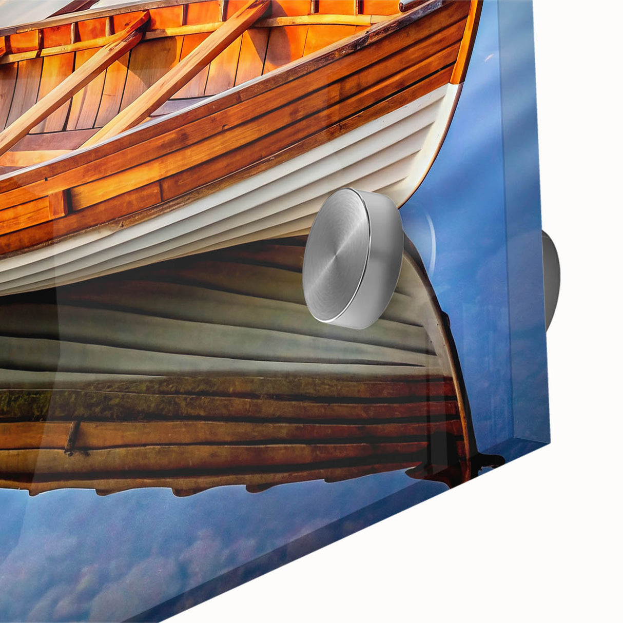 Large abstract wall art of a rowboat in muted gray and blue tones on acrylic glass, ideal for dining room decor.