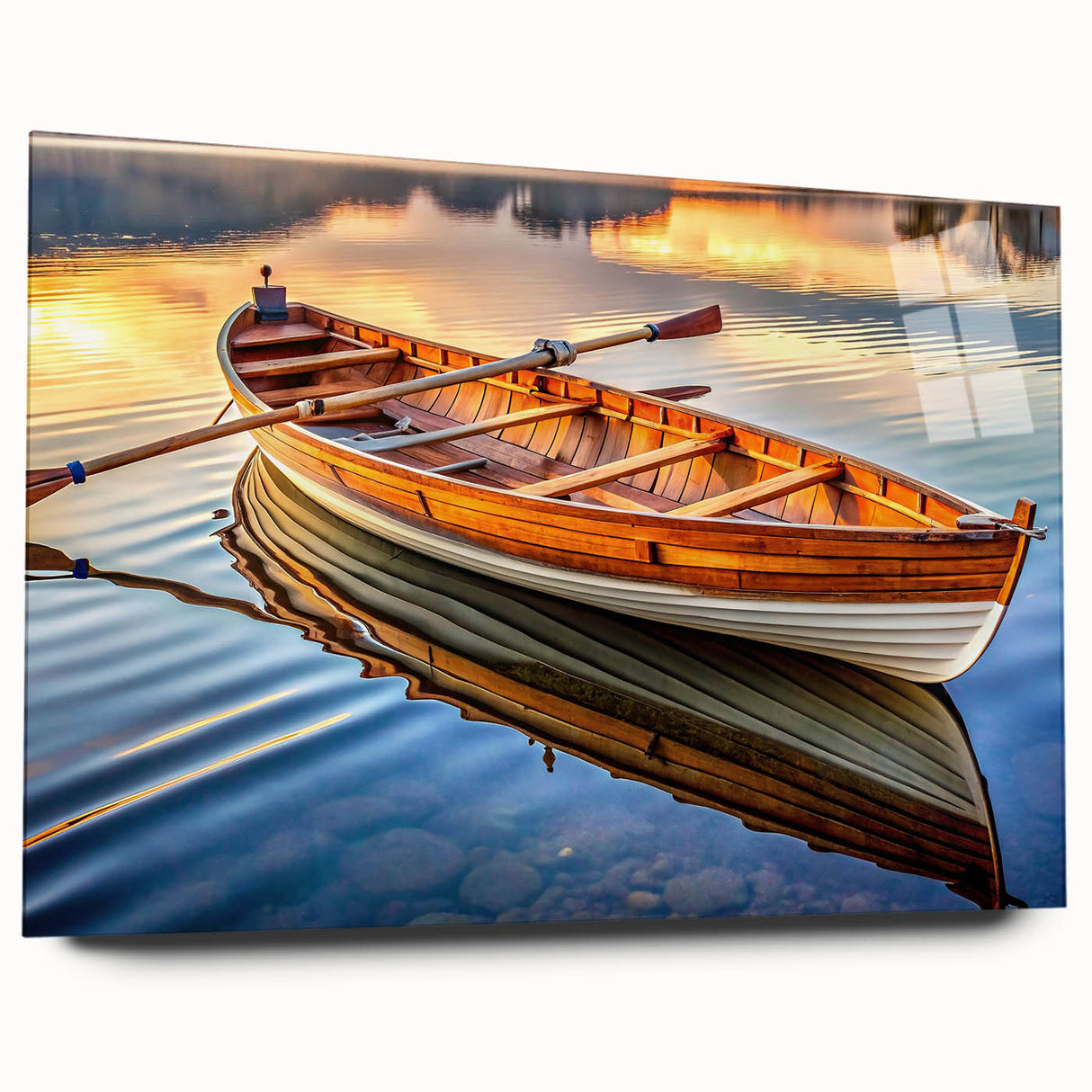 Side view of a rowboat in muted blue and gray tones on acrylic glass, suitable for bedroom or dining room decor.