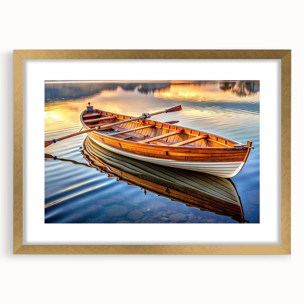 Textured abstract art print of a rowboat in muted blue and gray tones on a gold-framed canvas, suitable for bedroom art.