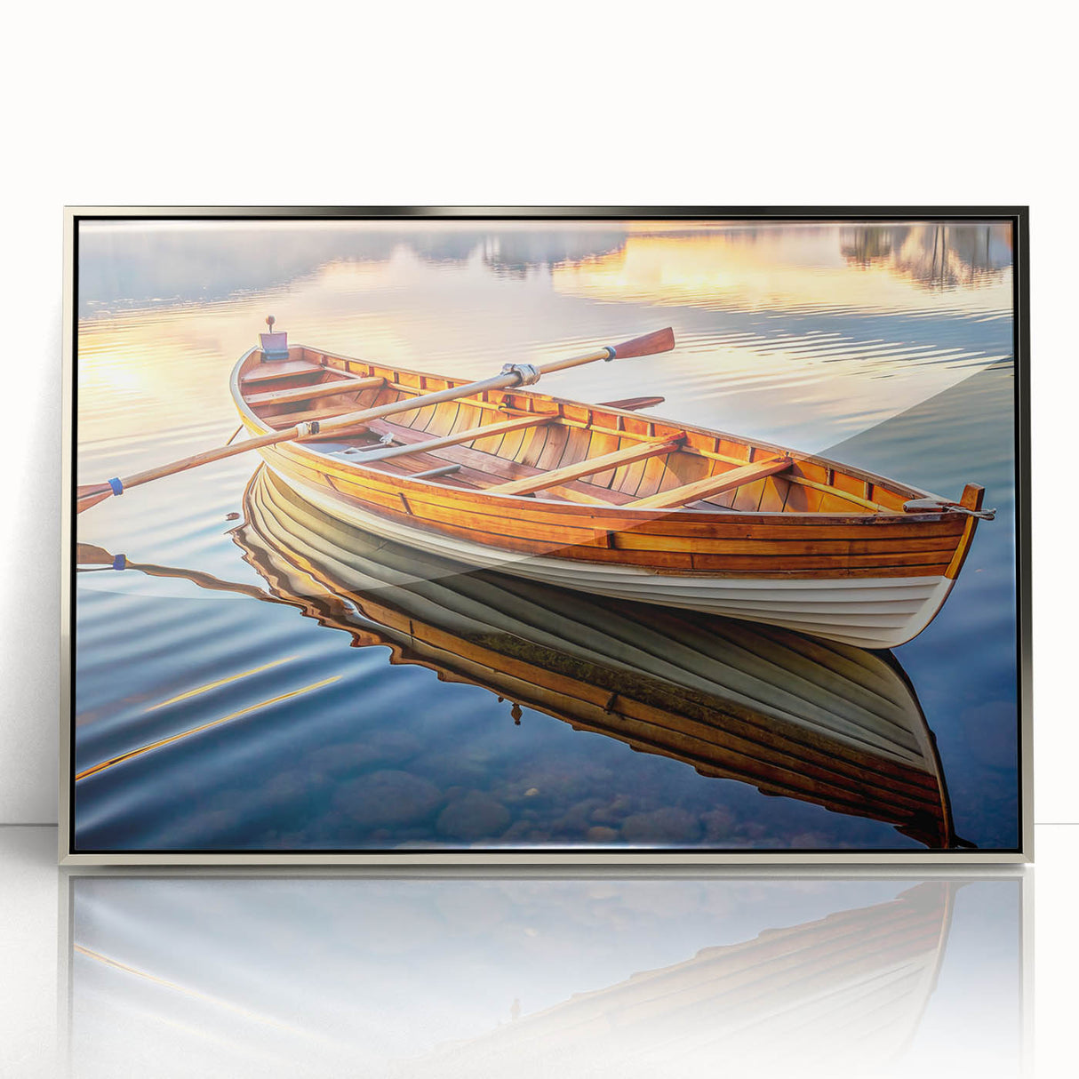 Art deco poster of a rowboat in silver frame, featuring soft blue and gray tones, ideal for modern nursery wall art.