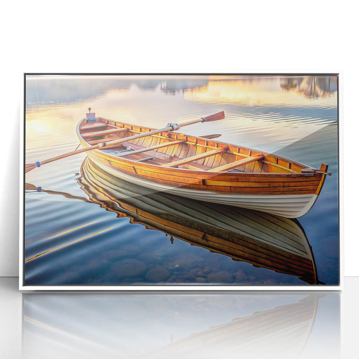 Mid-century modernist style rowboat in soft blue and white hues, acrylic print framed in white.