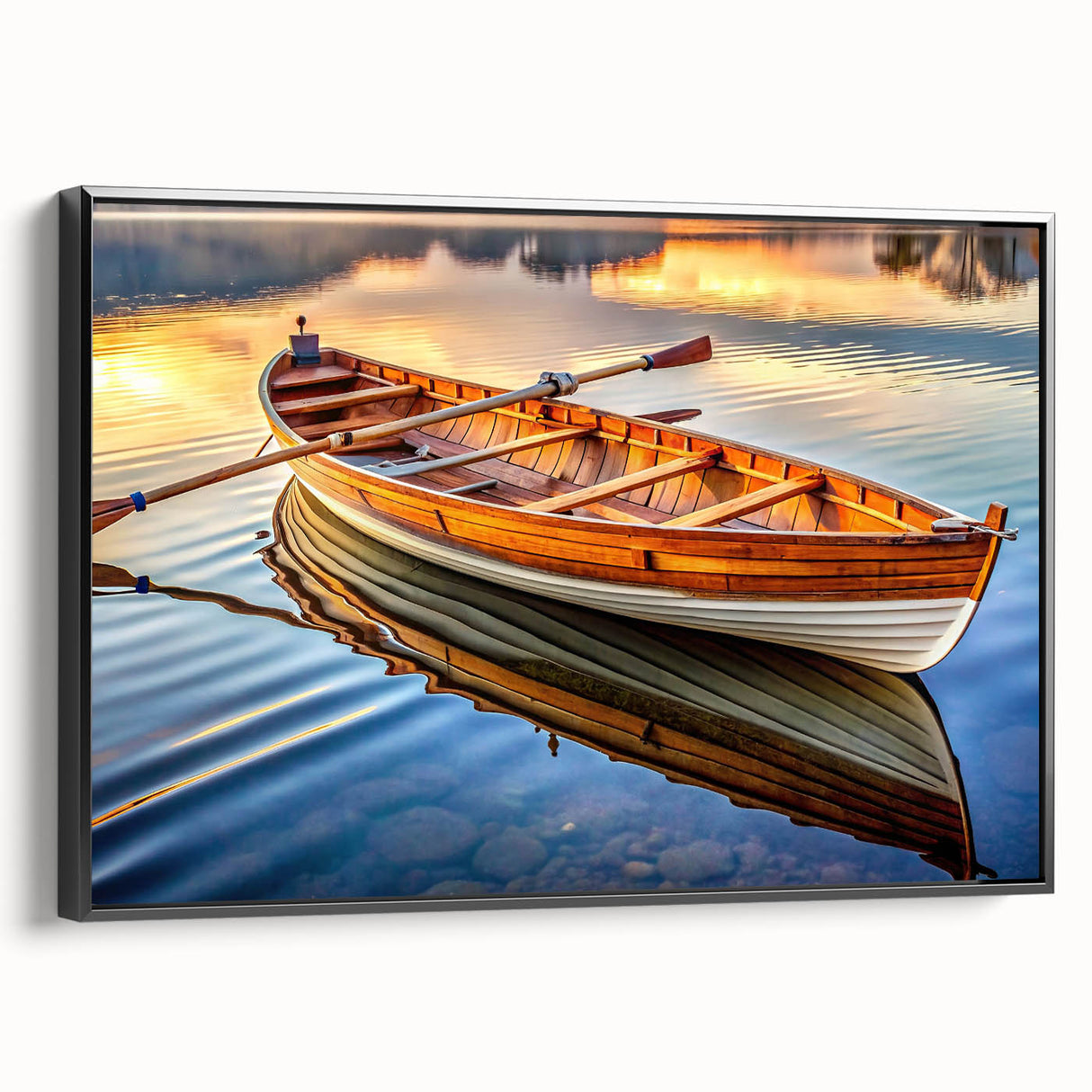 Black and white framed canvas featuring a vintage rowboat in a tranquil landscape, ideal for bedroom decor.