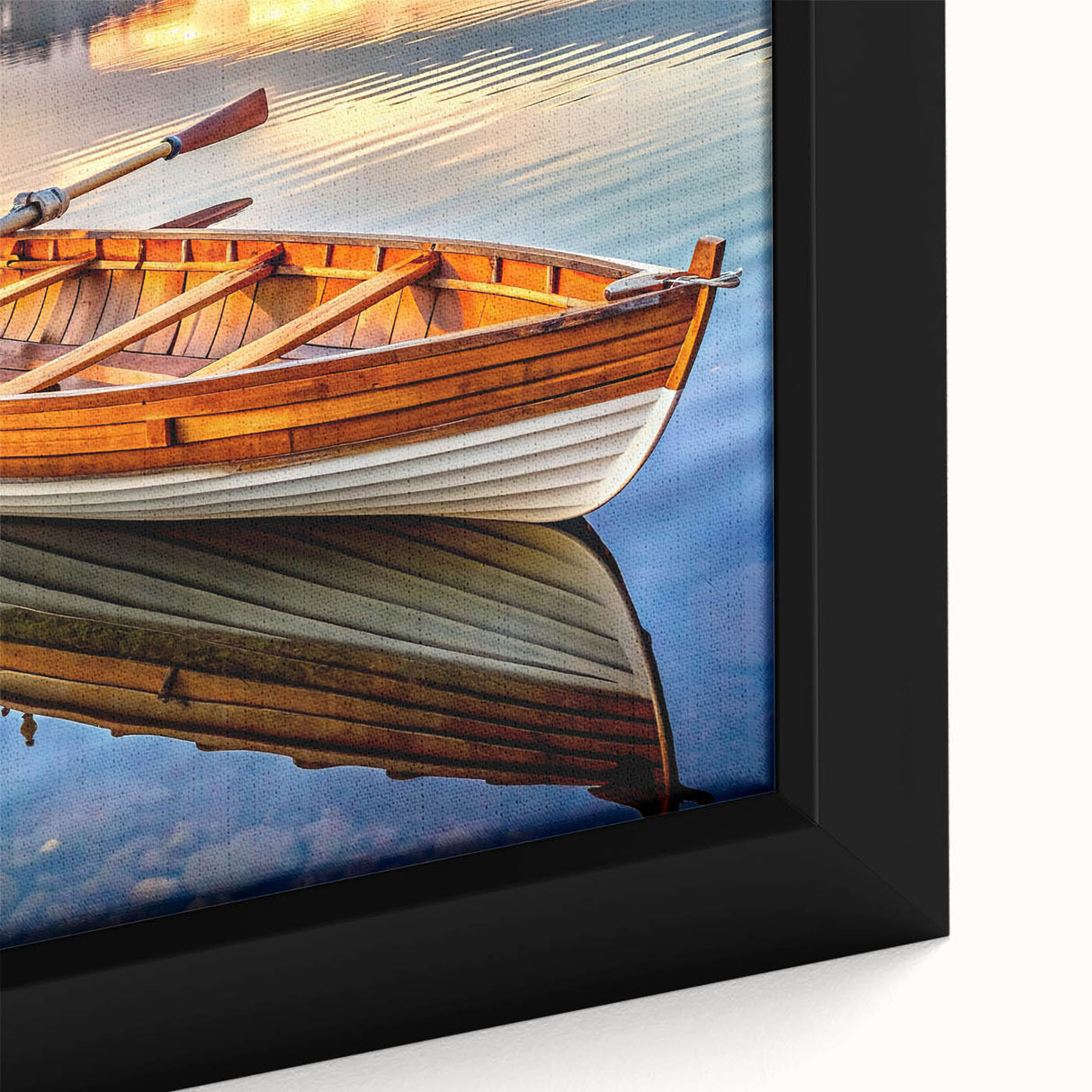 Extra large framed canvas featuring a textured image of a black rowboat, accented with colorful art details.