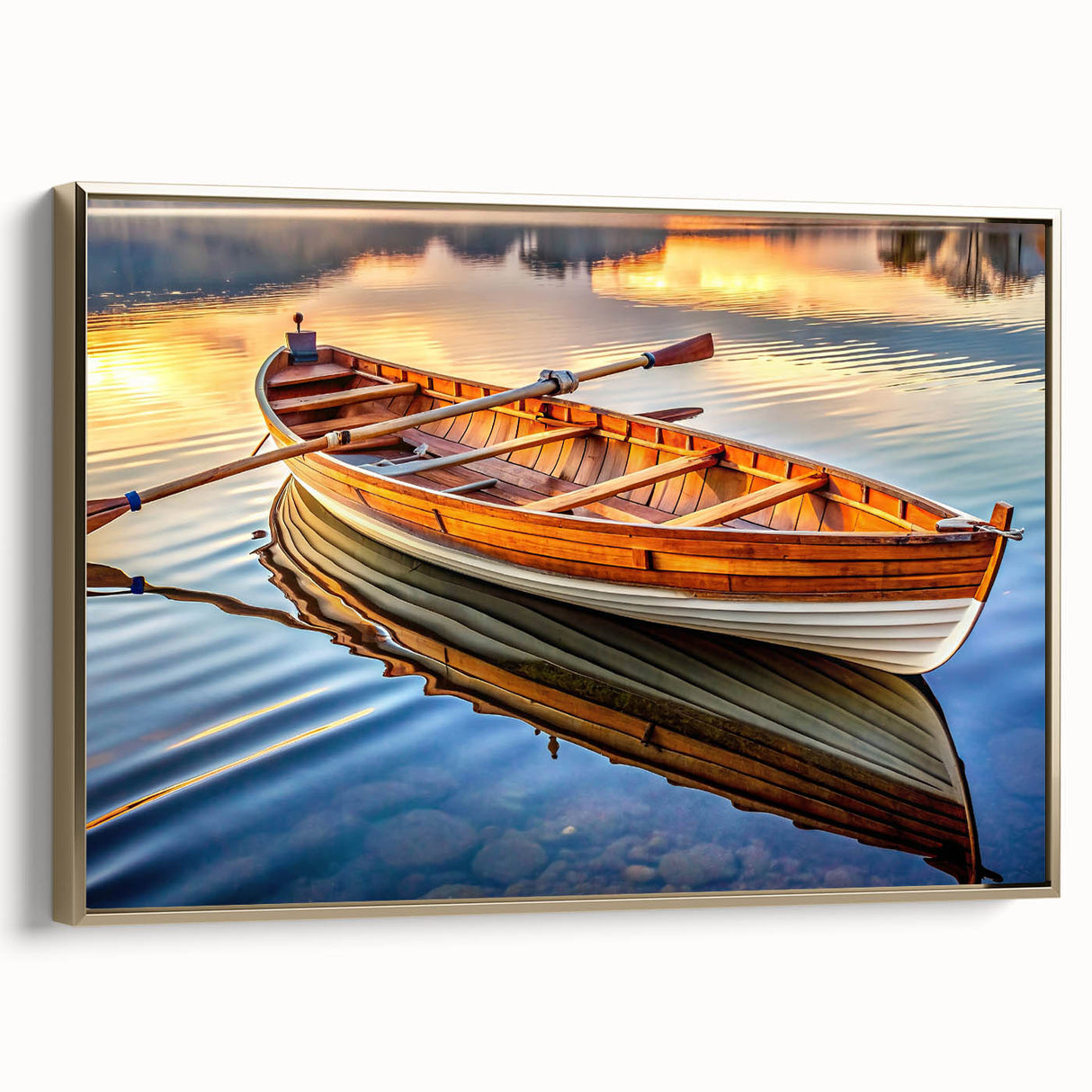 Landscape art painting of a rowboat on calm waters, framed canvas in gold, ideal for a serene living room ambiance.
