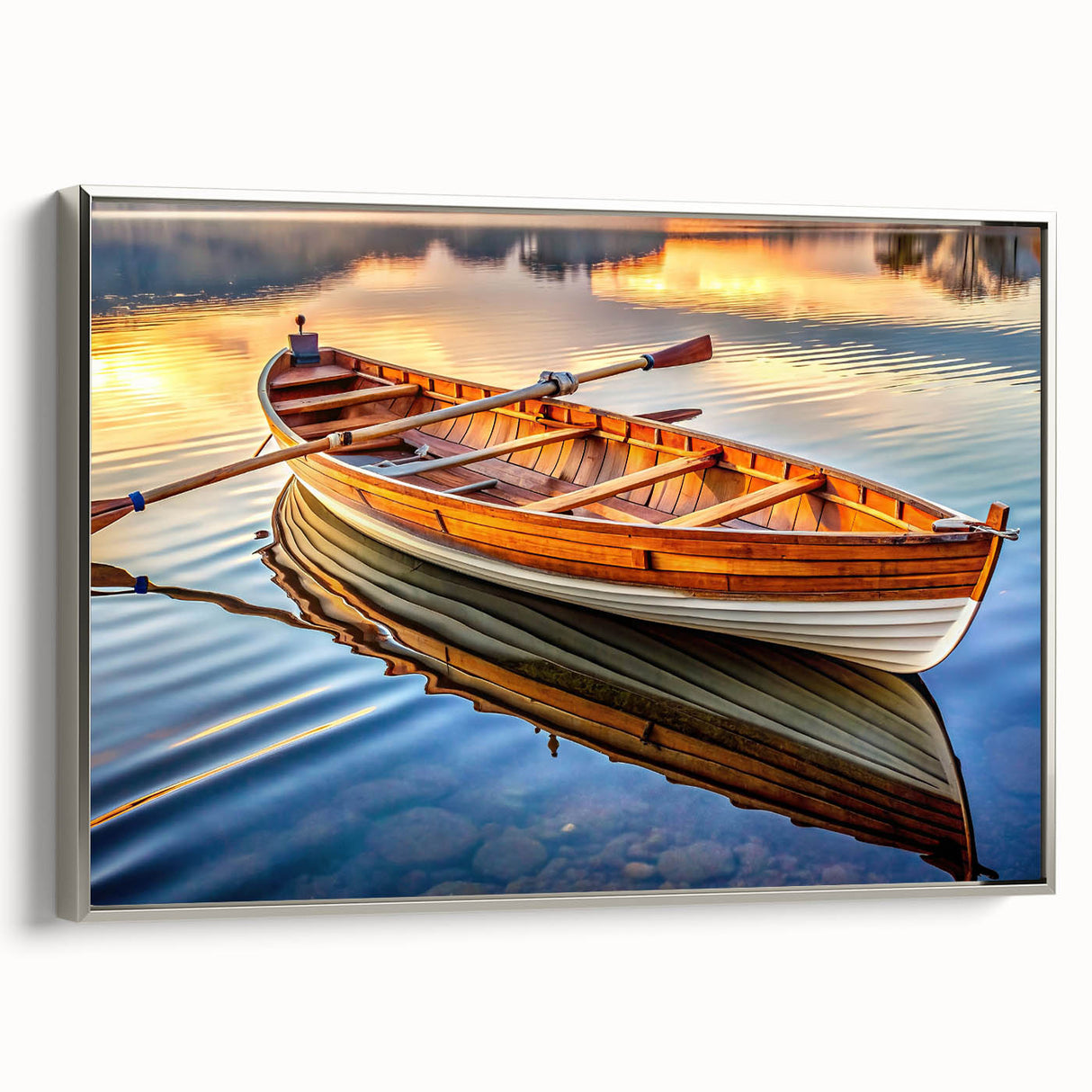 Vintage poster art of a rowboat in black and colorful hues, framed canvas, ideal for living room decor.