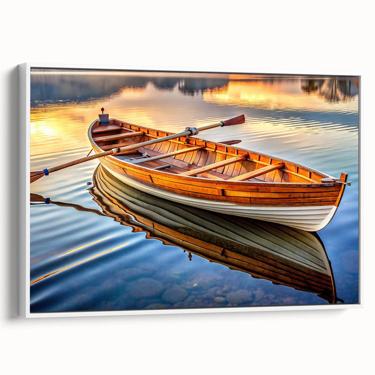 Framed canvas of a vintage-style black and white rowboat landscape, ideal for bedroom wall art.