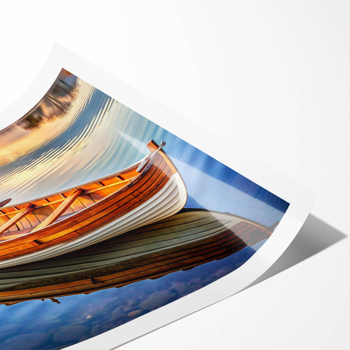 Extra large wall art featuring a rowboat on water, rendered in muted blue and gray tones on rolled canvas.