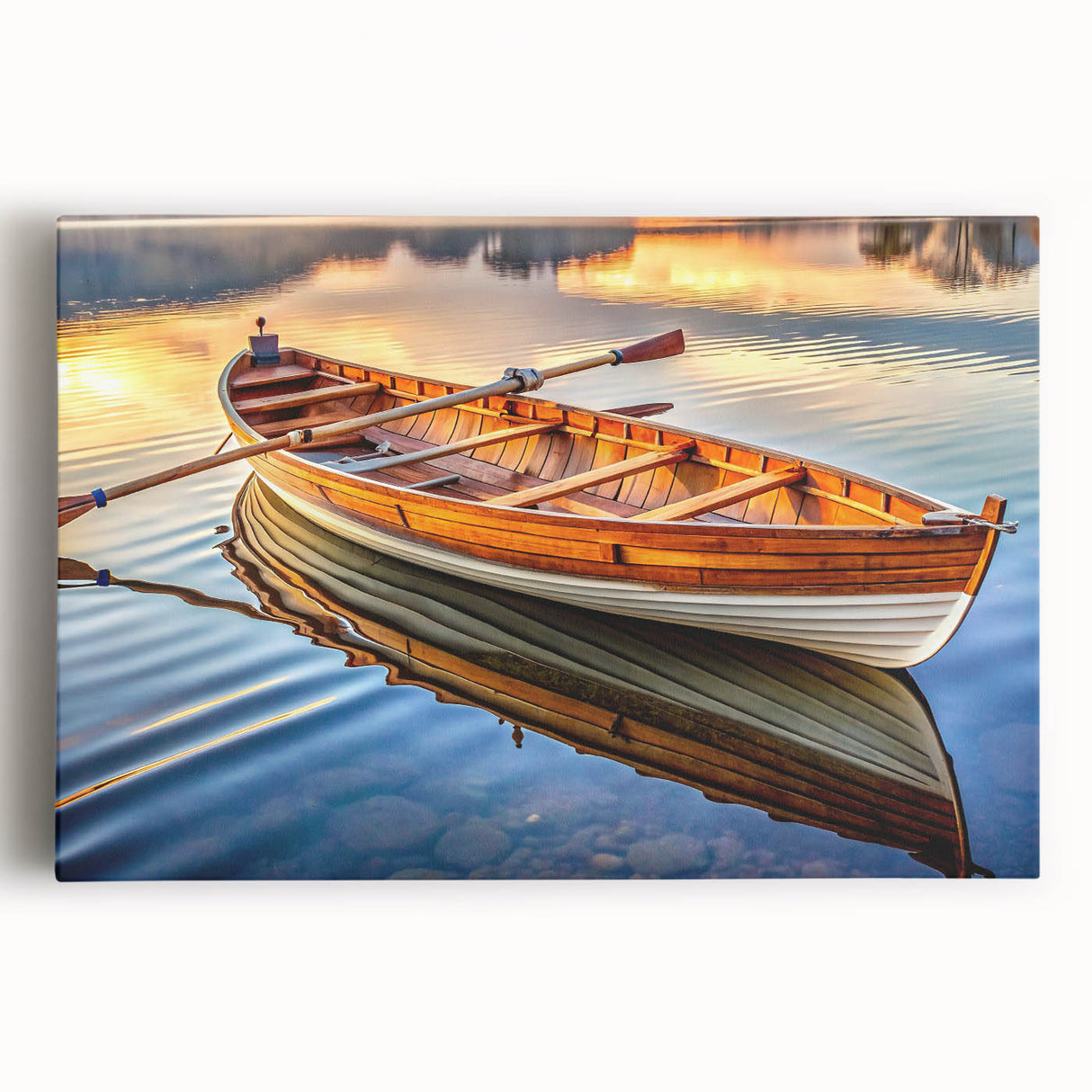 Black and white photo of a rowboat on calm water, printed on large stretched canvas, ideal for kitchen wall art.