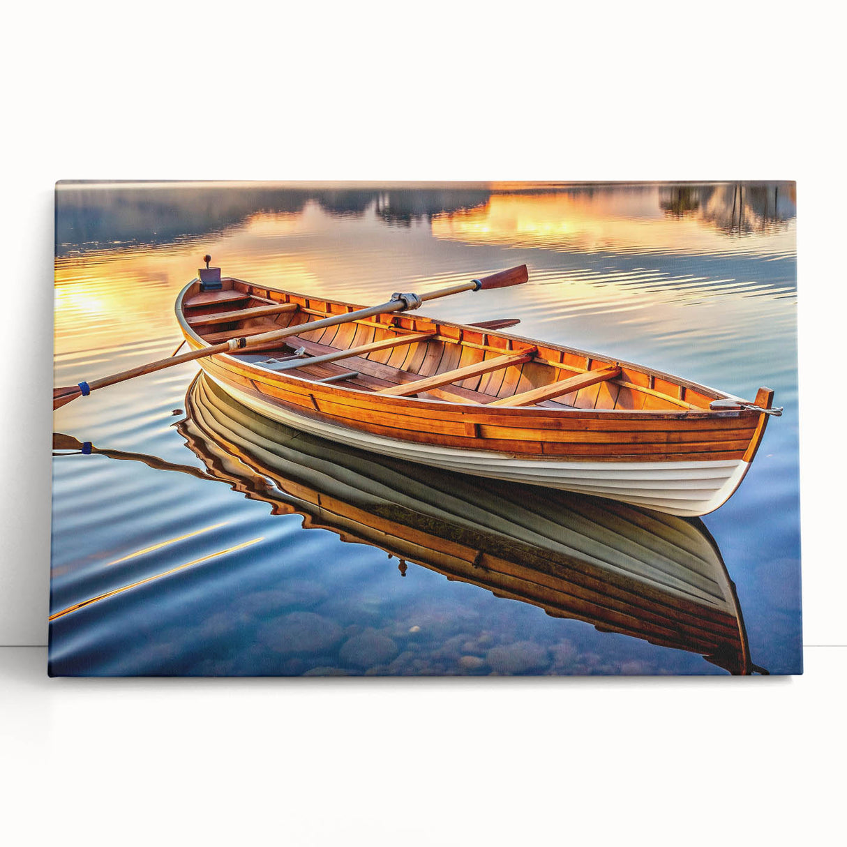 Black and white photo of a rowboat on water, printed on large stretched canvas, ideal for kitchen wall art.