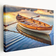 Side view of a rowboat on a stretched canvas in muted blue and gray tones, ideal for kitchen wall art.