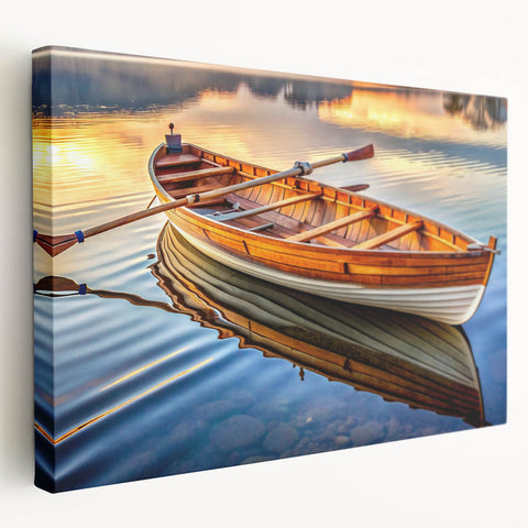Side view of a rowboat on a stretched canvas in muted blue and gray tones, ideal for kitchen wall art.
