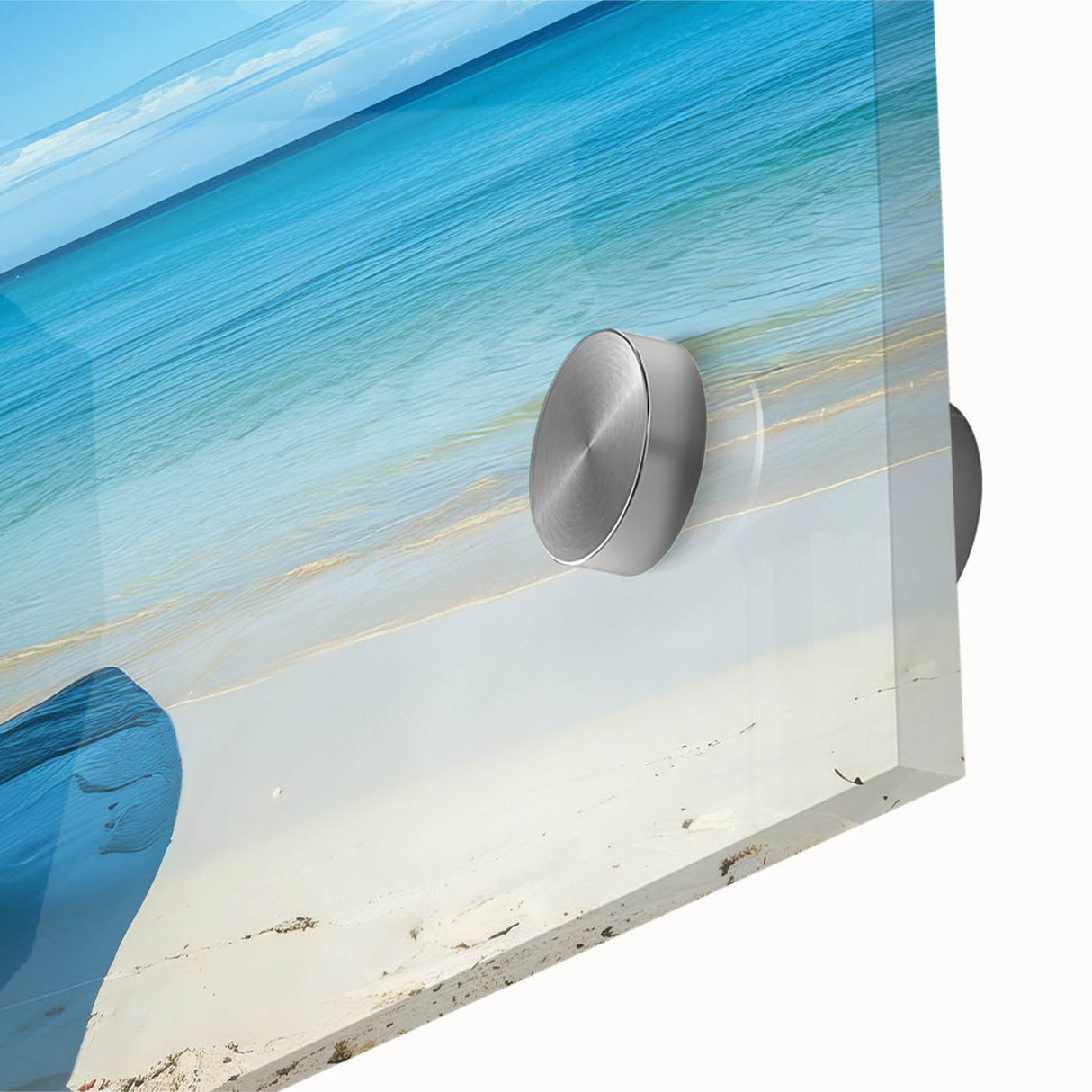 Large abstract wall art featuring a mid-century modernist rowboat design in muted blues and greens on acrylic glass.