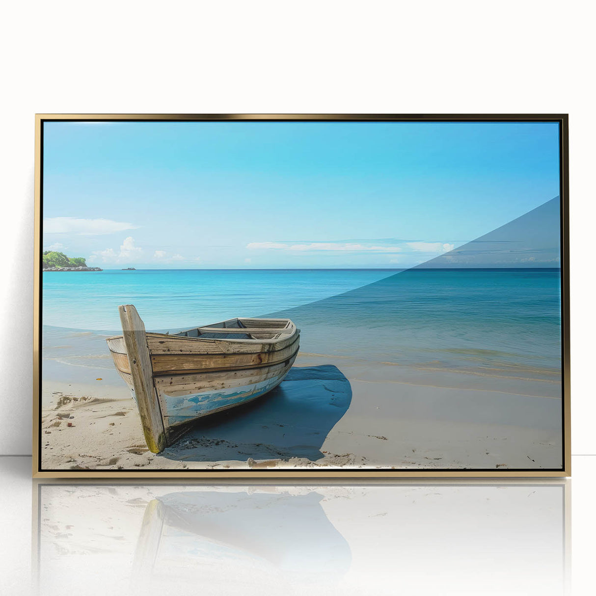 Mid-century modernist art depicting a rowboat in muted blue and beige tones, framed acrylic, ideal for nursery wall decor.