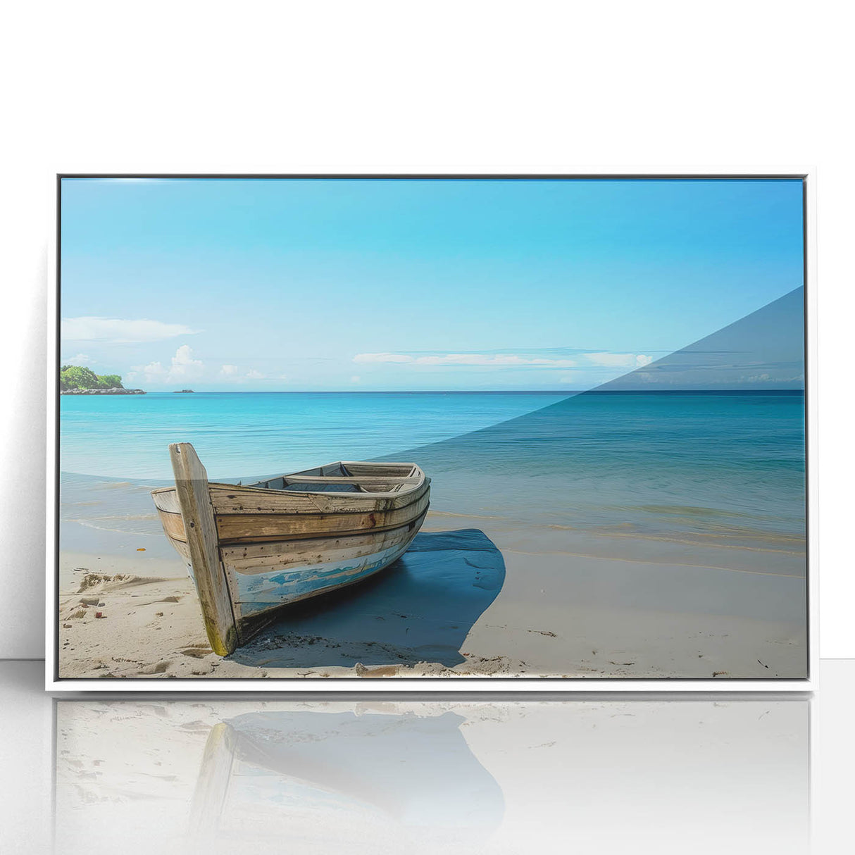 Mid-century modernist art of a rowboat in muted blue tones, framed acrylic print, ideal for nursery wall decor.