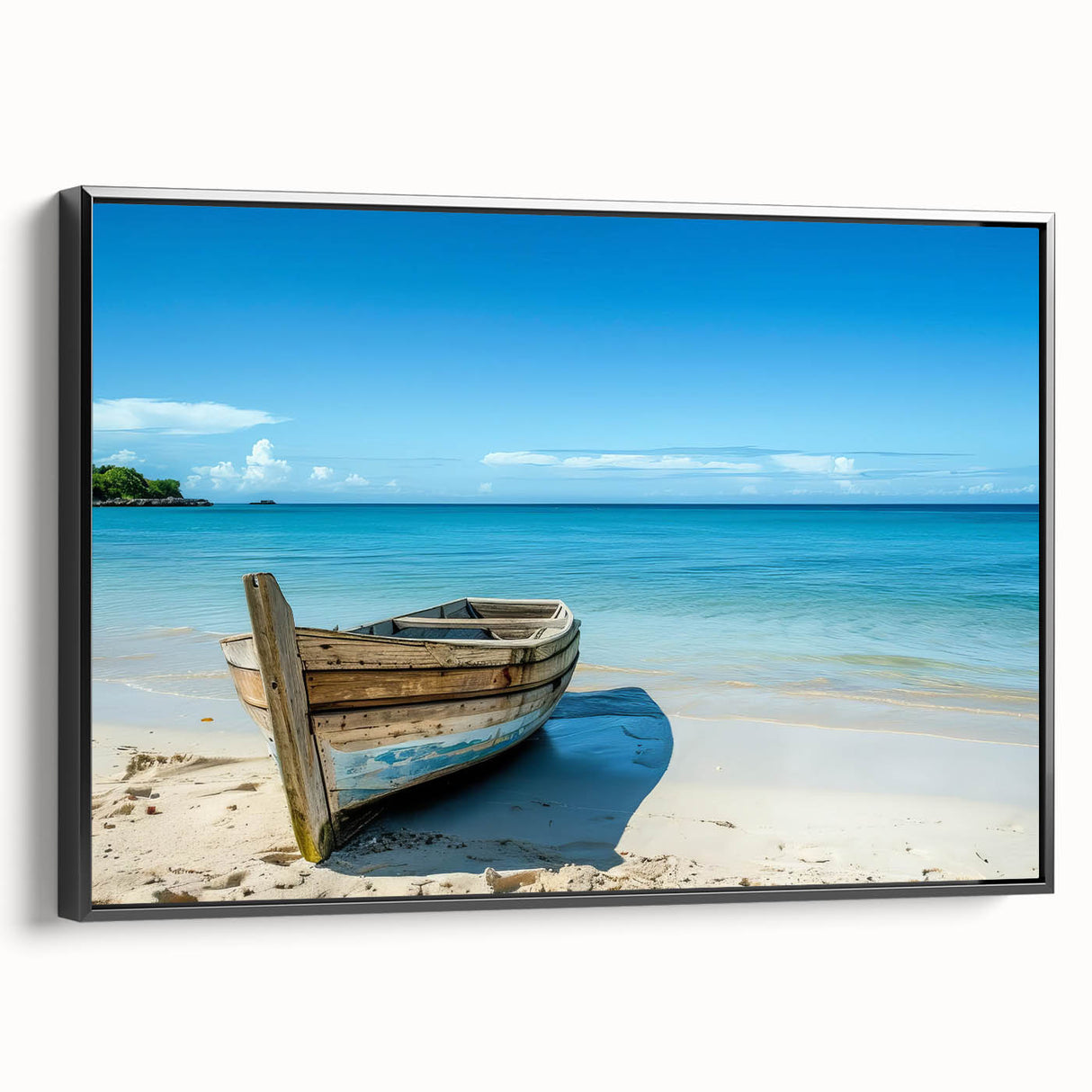 Black and white photo of a rowboat on water, framed canvas, vintage poster art style, ideal for bedroom wall decor.