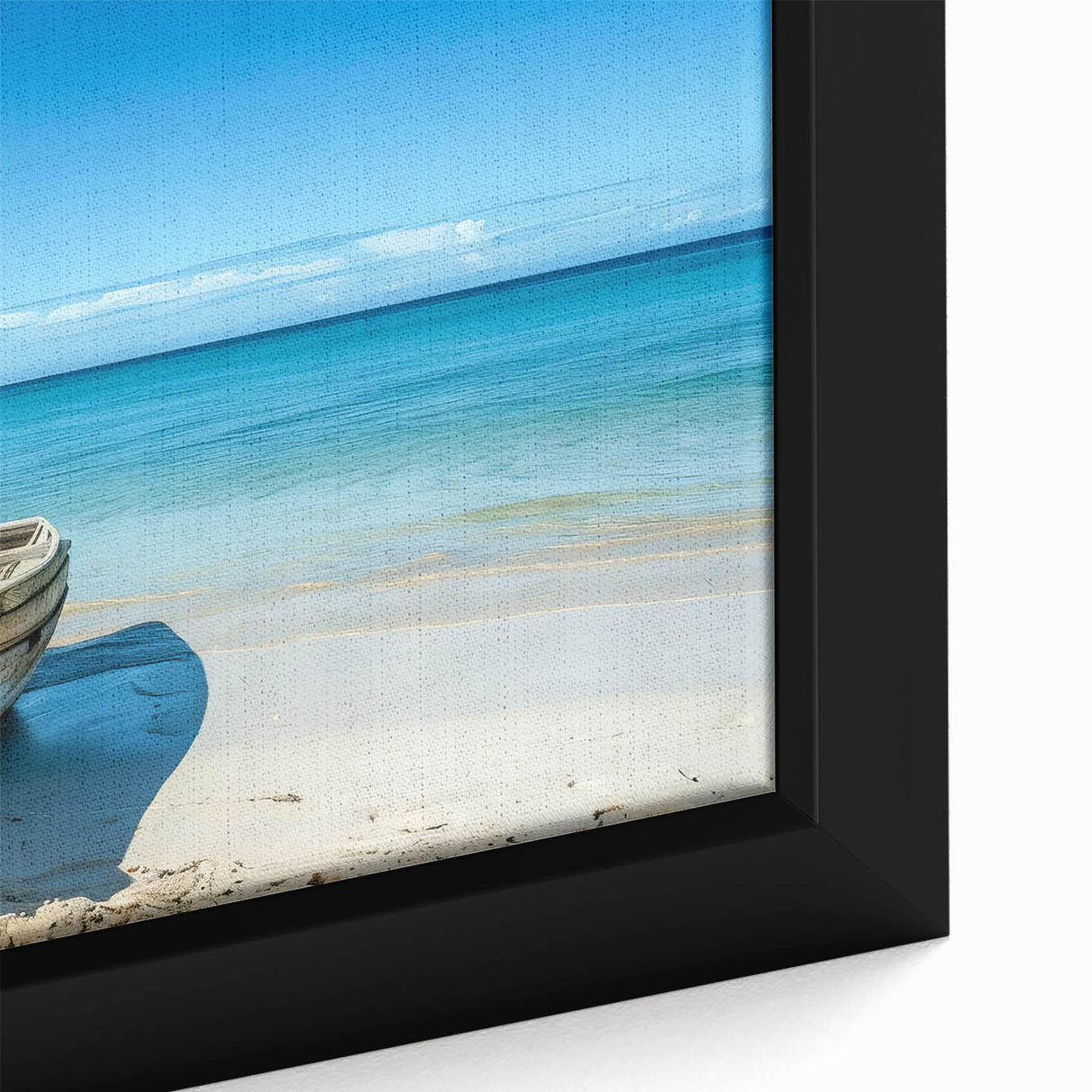 Close-up of a black wall art featuring a textured rowboat design with colorful accents on a framed canvas.